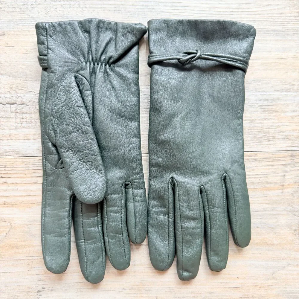 Vintage Sage Green Leather Gloves Long Wrist Knot Detail Soft Minimalist Dress